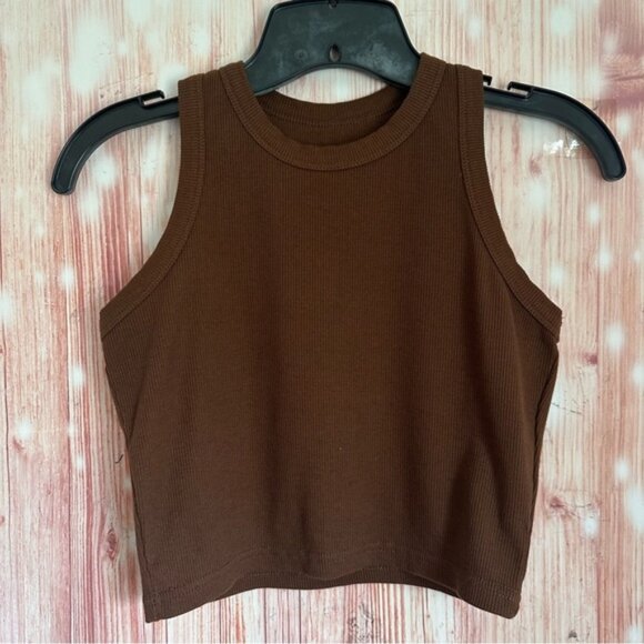 Unbranded Chocolate Brown Ribbed Racerback Cropped Tank Top - Picture 1 of 7